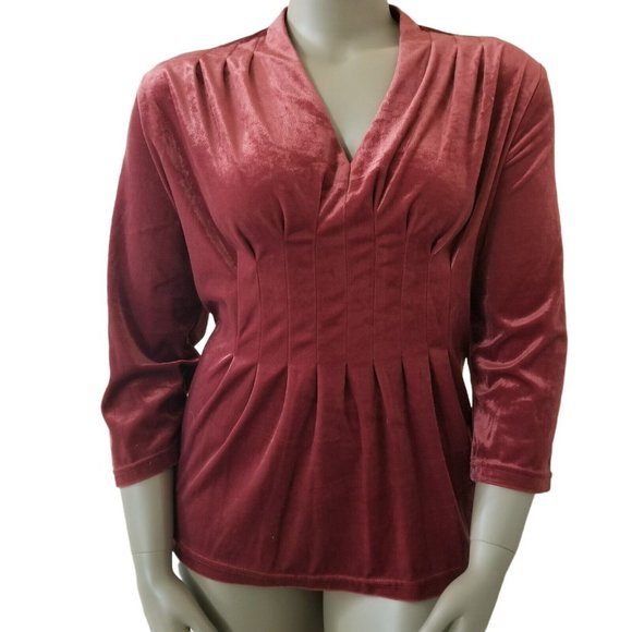 CW CLASSICS Womens Rust V-Neck Pleated Fitted Waist Velour Tunic Peplum Top 2X - Picture 1 of 12